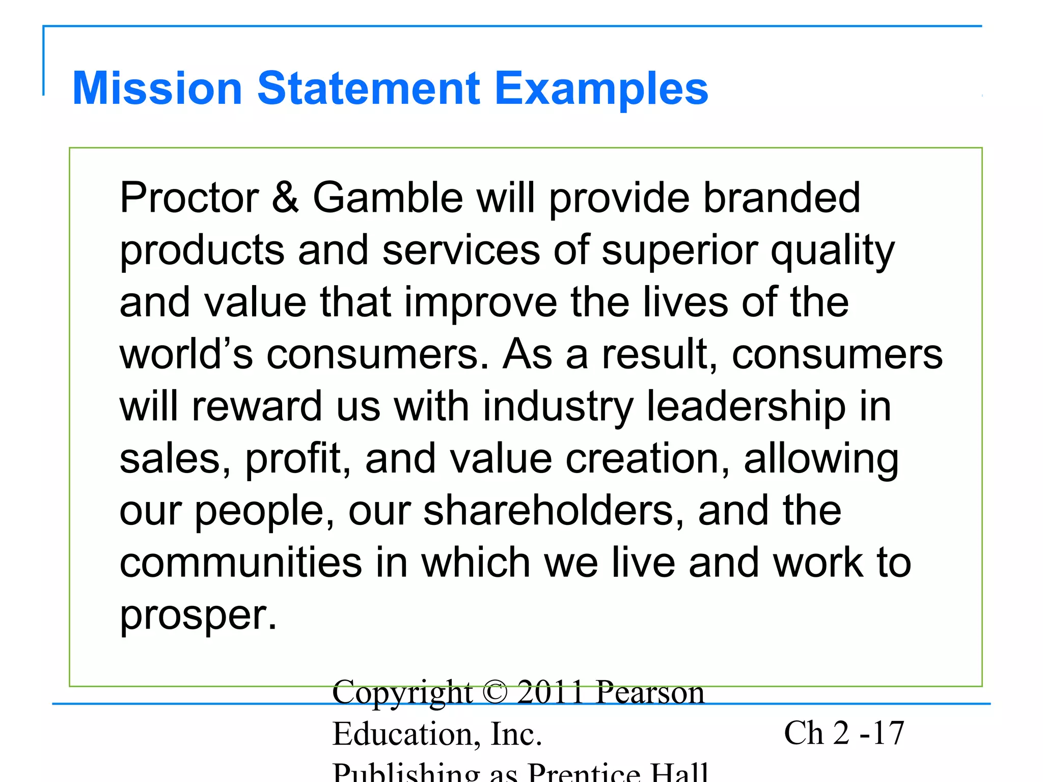 Copyright © 2011 Pearson
Education, Inc. Ch 2 -17
Proctor & Gamble will provide branded
products and services of superior quality
and value that improve the lives of the
world’s consumers. As a result, consumers
will reward us with industry leadership in
sales, profit, and value creation, allowing
our people, our shareholders, and the
communities in which we live and work to
prosper.
Mission Statement Examples
 
