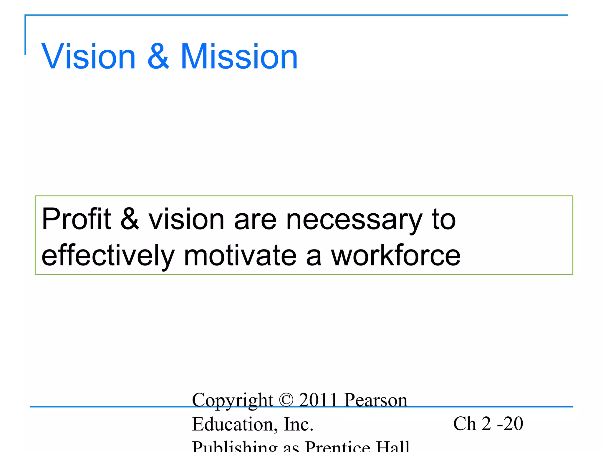Copyright © 2011 Pearson
Education, Inc. Ch 2 -20
Vision & Mission
Profit & vision are necessary to
effectively motivate a workforce
 