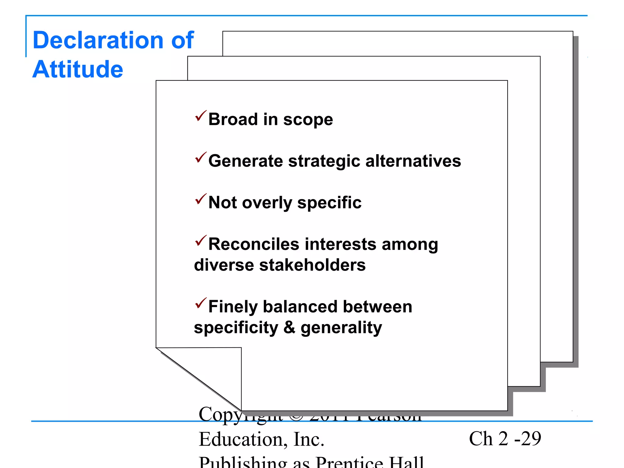 Copyright © 2011 Pearson
Education, Inc. Ch 2 -29
Broad in scope
Generate strategic alternatives
Not overly specific
Reconciles interests among
diverse stakeholders
Finely balanced between
specificity & generality
Broad in scope
Generate strategic alternatives
Not overly specific
Reconciles interests among
diverse stakeholders
Finely balanced between
specificity & generality
Declaration of
Attitude
 