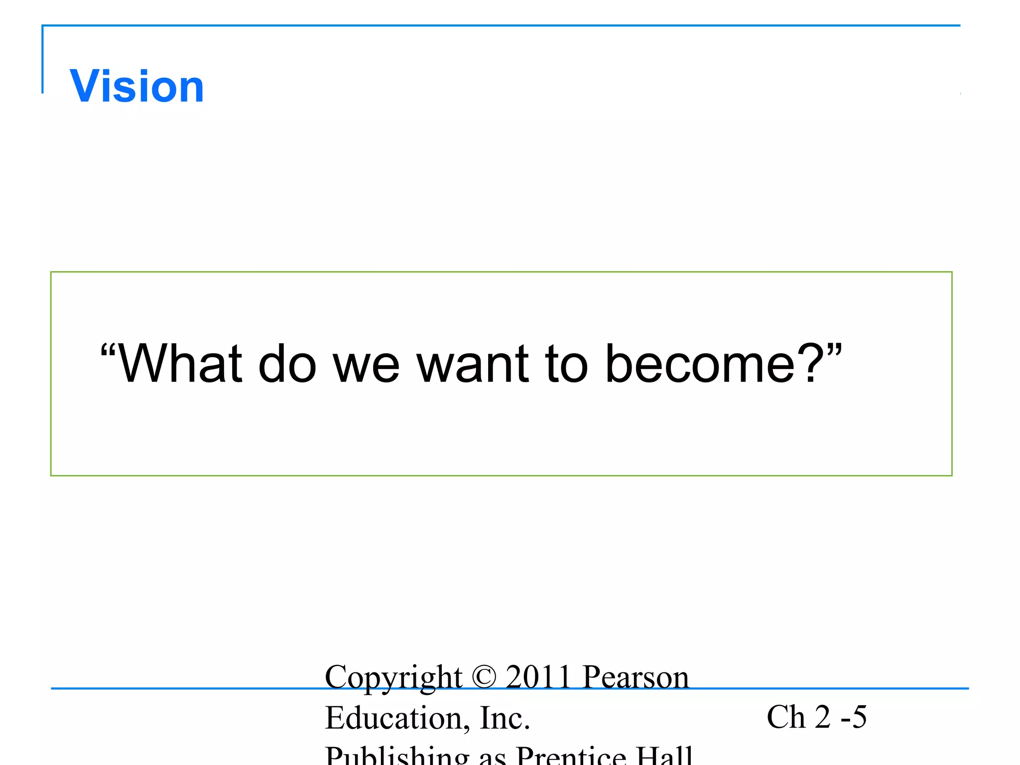 Copyright © 2011 Pearson
Education, Inc. Ch 2 -5
“What do we want to become?”
Vision
 