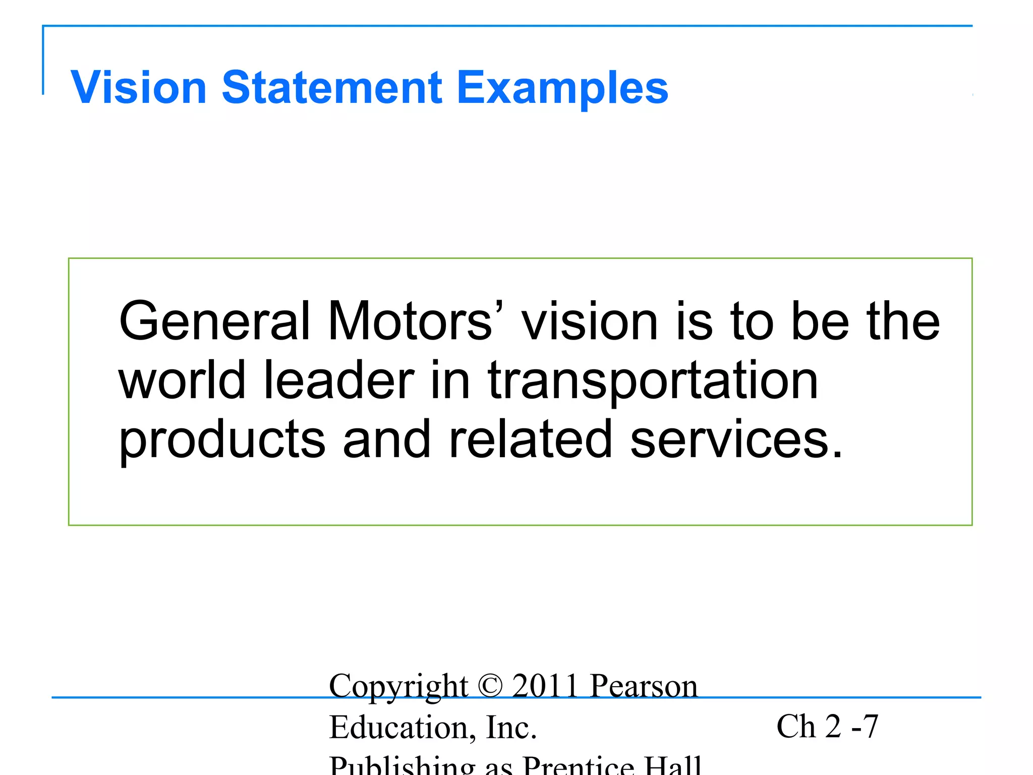 Copyright © 2011 Pearson
Education, Inc. Ch 2 -7
General Motors’ vision is to be the
world leader in transportation
products and related services.
Vision Statement Examples
 