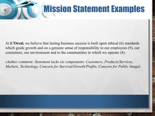 Mission Statement Examples
At L’Oreal, we believe that lasting business success is built upon ethical (6) standards
which guide growth and on a genuine sense of responsibility to our employees (9), our
consumers, our environment and to the communities in which we operate (8).
(Author comment: Statement lacks six components: Customers, Products/Services,
Markets, Technology, Concern for Survival/Growth/Profits, Concern for Public Image)
 
