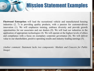 Mission Statement Examples
Fleetwood Enterprises will lead the recreational vehicle and manufactured housing
industries (2, 7) in providing quality products, with a passion for customer-driven
innovation (1). We will emphasize training, embrace diversity and provide growth
opportunities for our associates and our dealers (9). We will lead our industries in the
application of appropriate technologies (4). We will operate at the highest levels of ethics
and compliance with a focus on exemplary corporate governance (6). We will deliver
value to our shareholders, positive operating results and industry-leading earnings (5).
(Author comment: Statement lacks two components: Markets and Concern for Public
Image)
 