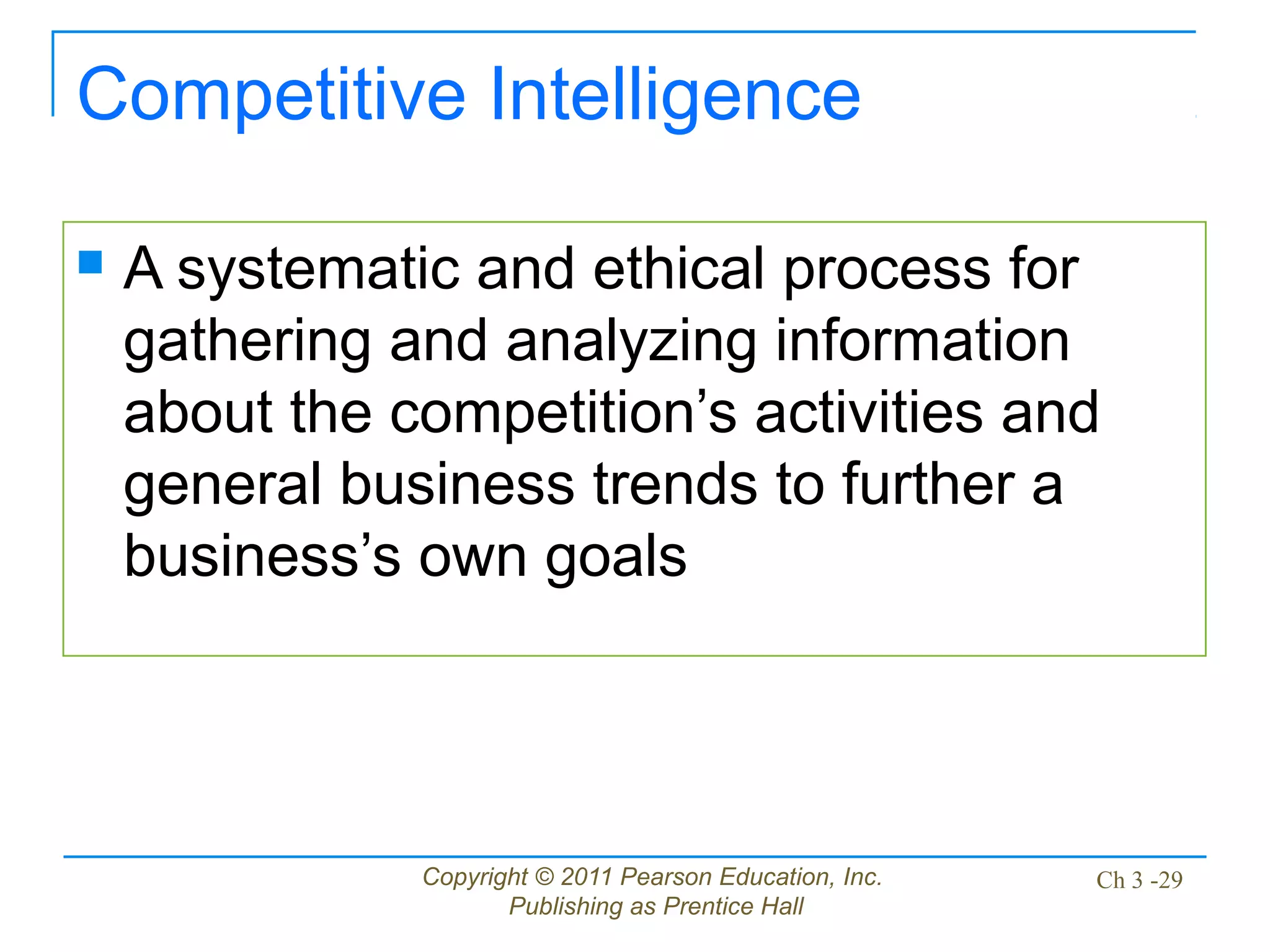 Copyright © 2011 Pearson Education, Inc.
Publishing as Prentice Hall
Ch 3 -29
Competitive Intelligence
 A systematic and ethical process for
gathering and analyzing information
about the competition’s activities and
general business trends to further a
business’s own goals
 
