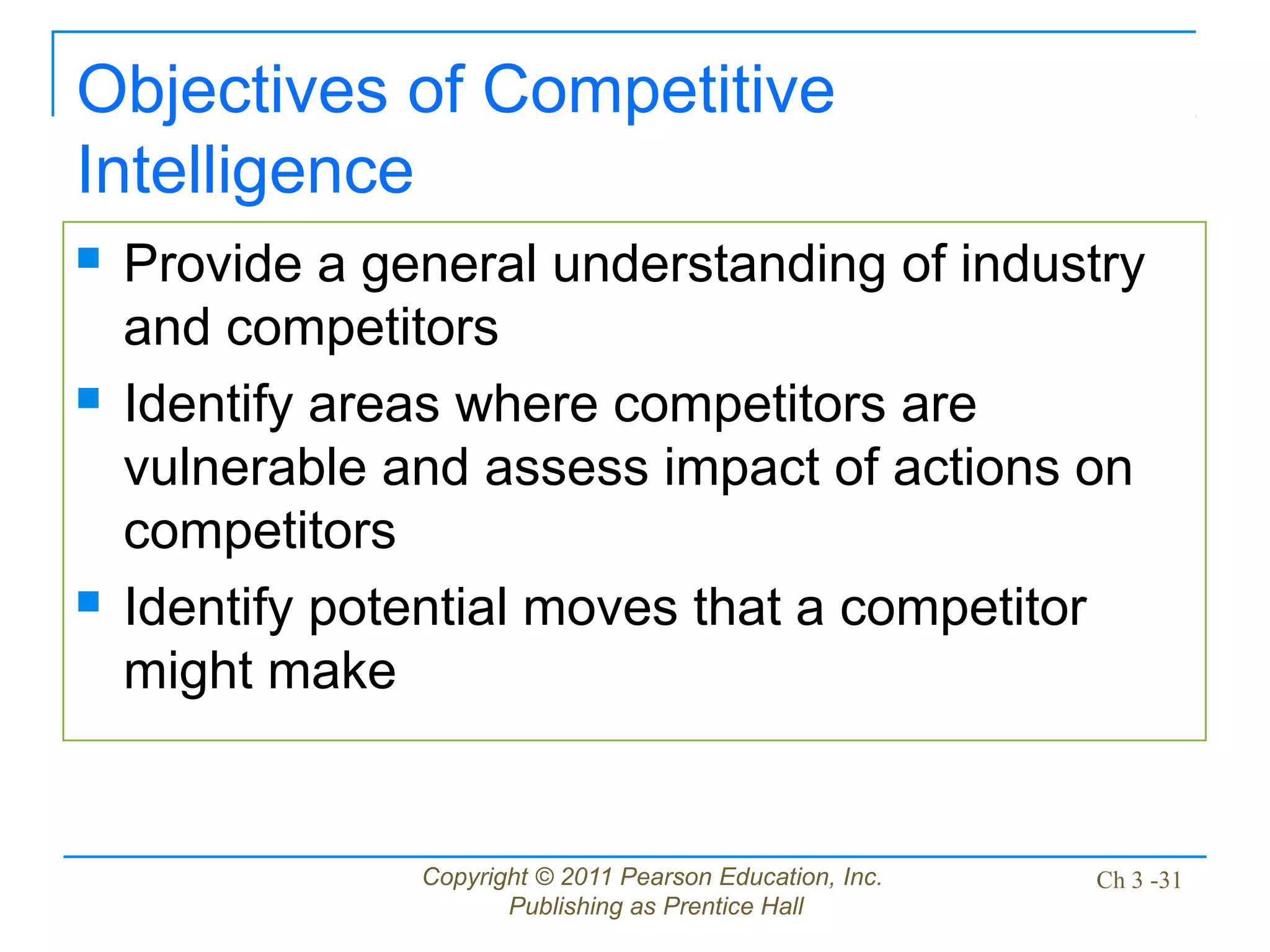 Copyright © 2011 Pearson Education, Inc.
Publishing as Prentice Hall
Ch 3 -31
Objectives of Competitive
Intelligence
 Provide a general understanding of industry
and competitors
 Identify areas where competitors are
vulnerable and assess impact of actions on
competitors
 Identify potential moves that a competitor
might make
 