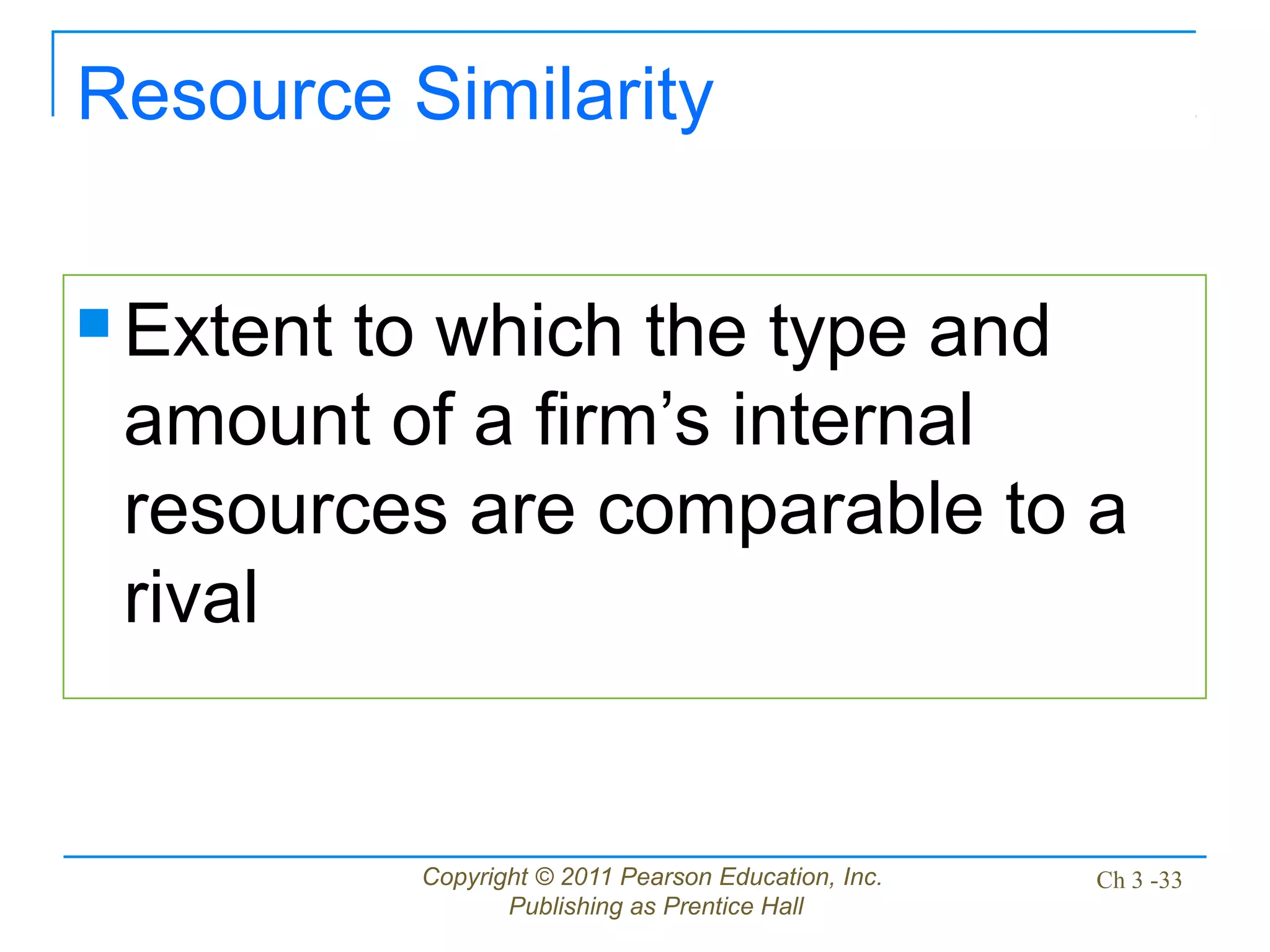 Copyright © 2011 Pearson Education, Inc.
Publishing as Prentice Hall
Ch 3 -33
Resource Similarity
 Extent to which the type and
amount of a firm’s internal
resources are comparable to a
rival
 