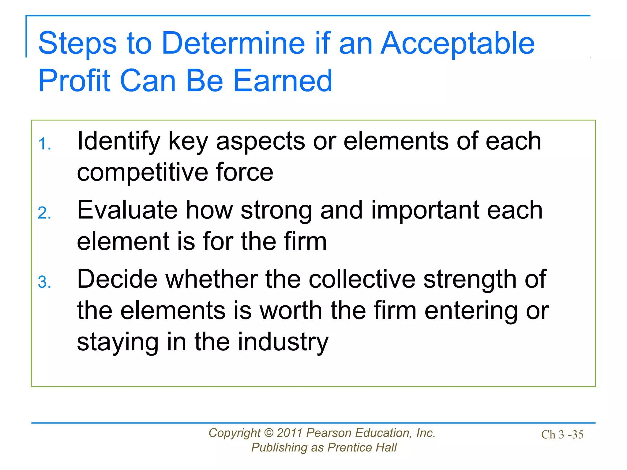 Copyright © 2011 Pearson Education, Inc.
Publishing as Prentice Hall
Ch 3 -35
Steps to Determine if an Acceptable
Profit Can Be Earned
1. Identify key aspects or elements of each
competitive force
2. Evaluate how strong and important each
element is for the firm
3. Decide whether the collective strength of
the elements is worth the firm entering or
staying in the industry
 