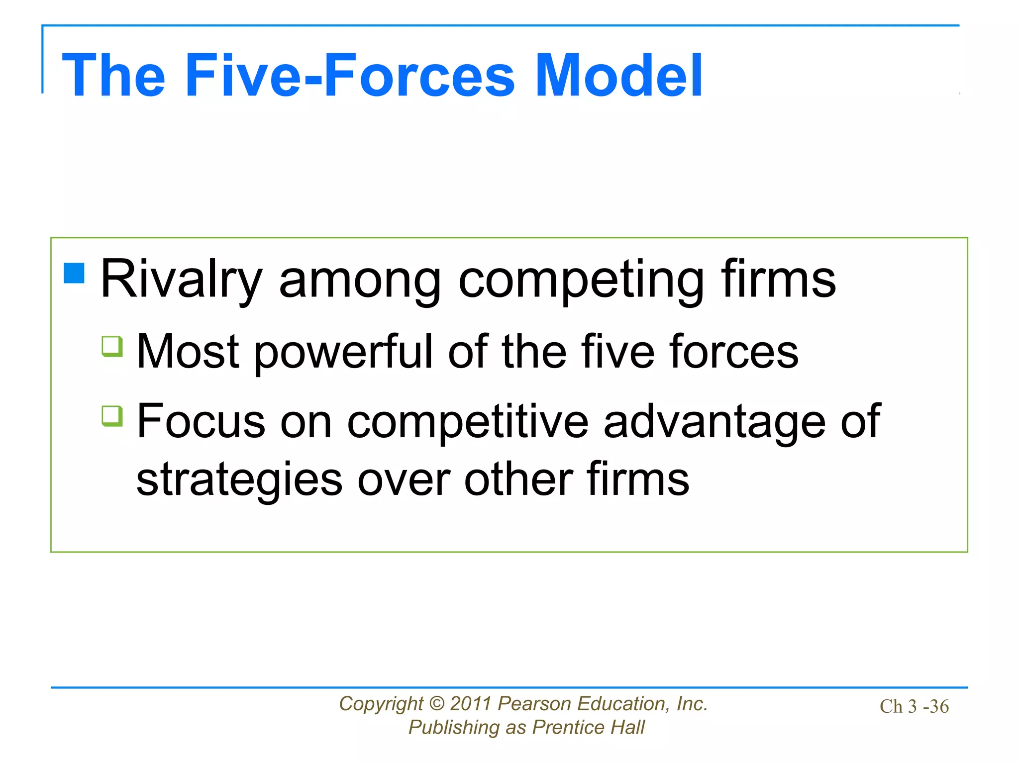Copyright © 2011 Pearson Education, Inc.
Publishing as Prentice Hall
Ch 3 -36
The Five-Forces Model
 Rivalry among competing firms
 Most powerful of the five forces
 Focus on competitive advantage of
strategies over other firms
 