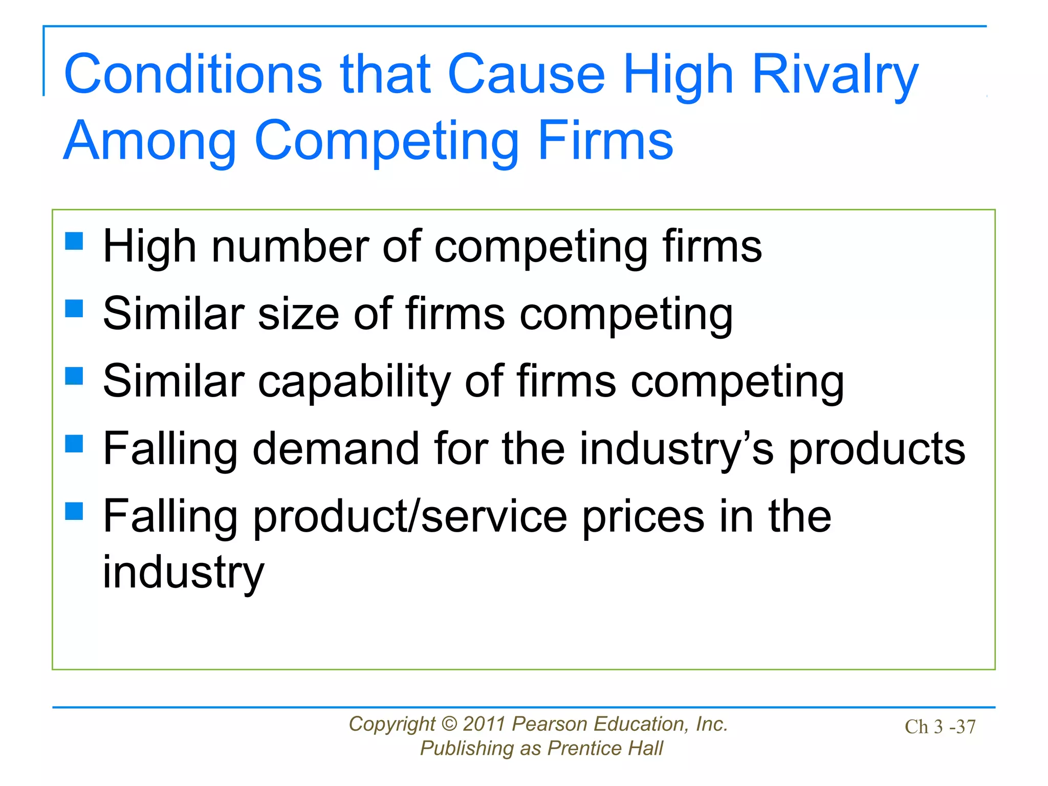 Copyright © 2011 Pearson Education, Inc.
Publishing as Prentice Hall
Ch 3 -37
Conditions that Cause High Rivalry
Among Competing Firms
 High number of competing firms
 Similar size of firms competing
 Similar capability of firms competing
 Falling demand for the industry’s products
 Falling product/service prices in the
industry
 