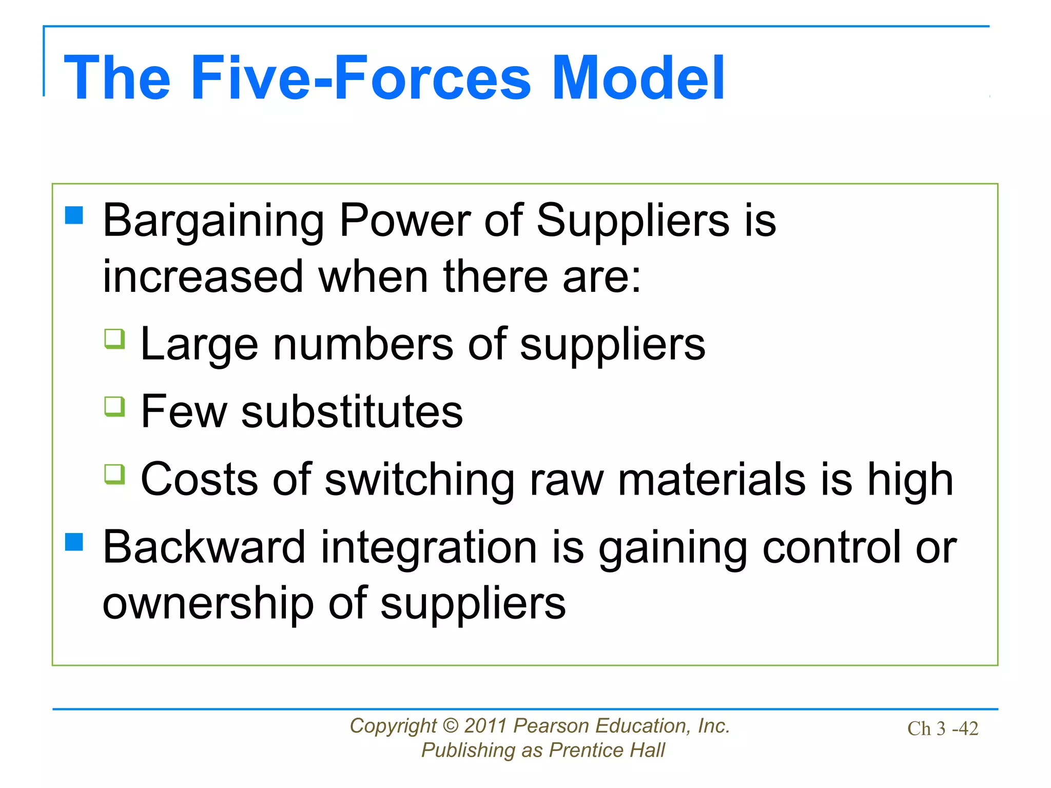 Copyright © 2011 Pearson Education, Inc.
Publishing as Prentice Hall
Ch 3 -42
The Five-Forces Model
 Bargaining Power of Suppliers is
increased when there are:
 Large numbers of suppliers
 Few substitutes
 Costs of switching raw materials is high
 Backward integration is gaining control or
ownership of suppliers
 