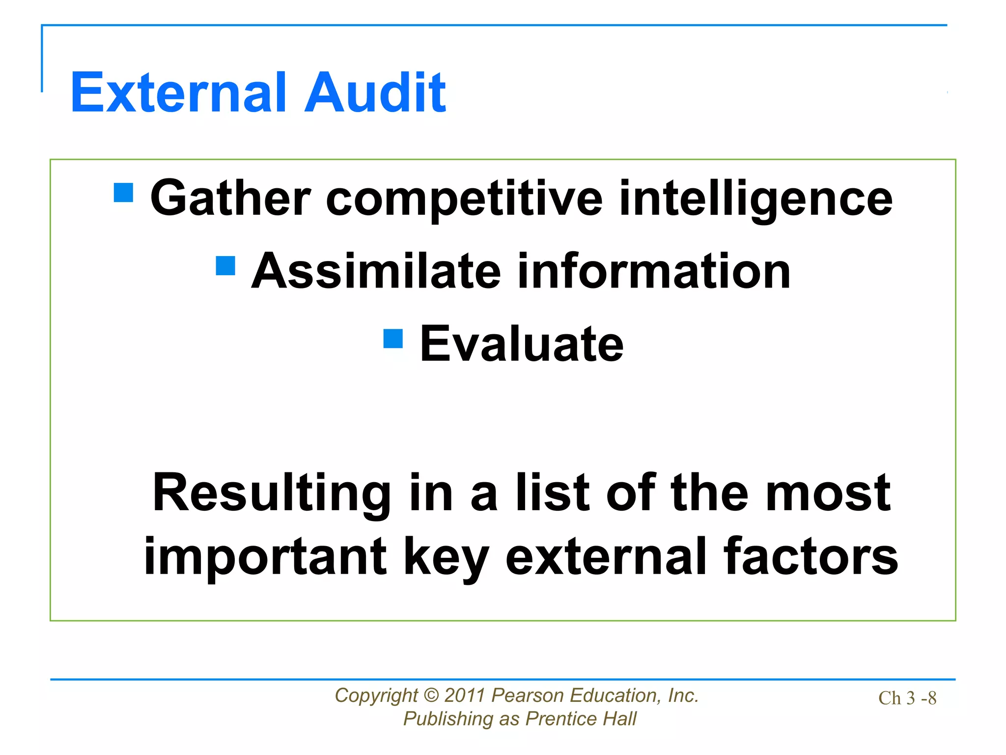 Copyright © 2011 Pearson Education, Inc.
Publishing as Prentice Hall
Ch 3 -8
 Gather competitive intelligence
 Assimilate information
 Evaluate
Resulting in a list of the most
important key external factors
External Audit
 