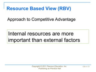 Copyright © 2011 Pearson Education, Inc.
Publishing as Prentice Hall
Ch 4 -13
Resource Based View (RBV)
Approach to Competitive Advantage
Internal resources are more
important than external factors
 
