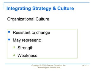Copyright © 2011 Pearson Education, Inc.
Publishing as Prentice Hall
Ch 4 -17
Integrating Strategy & Culture
Organizational Culture
 Resistant to change
 May represent:
 Strength
 Weakness
 
