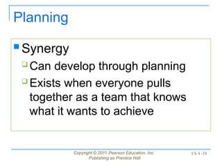 Copyright © 2011 Pearson Education, Inc.
Publishing as Prentice Hall
Ch 4 -24
Planning
 Synergy
 Can develop through planning
 Exists when everyone pulls
together as a team that knows
what it wants to achieve
 