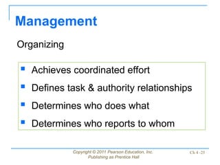 Copyright © 2011 Pearson Education, Inc.
Publishing as Prentice Hall
Ch 4 -25
Management
Organizing
 Achieves coordinated effort
 Defines task & authority relationships
 Determines who does what
 Determines who reports to whom
 