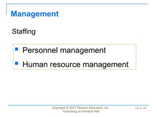 Copyright © 2011 Pearson Education, Inc.
Publishing as Prentice Hall
Ch 4 -28
Management
Staffing
 Personnel management
 Human resource management
 