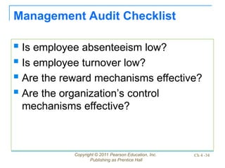 Copyright © 2011 Pearson Education, Inc.
Publishing as Prentice Hall
Ch 4 -34
Management Audit Checklist
 Is employee absenteeism low?
 Is employee turnover low?
 Are the reward mechanisms effective?
 Are the organization’s control
mechanisms effective?
 
