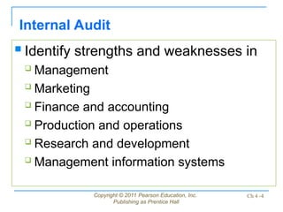 Copyright © 2011 Pearson Education, Inc.
Publishing as Prentice Hall
Ch 4 -4
Internal Audit
 Identify strengths and weaknesses in
 Management
 Marketing
 Finance and accounting
 Production and operations
 Research and development
 Management information systems
 