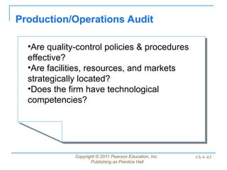 Copyright © 2011 Pearson Education, Inc.
Publishing as Prentice Hall
Ch 4 -65
Production/Operations Audit
•Are quality-control policies & procedures
effective?
•Are facilities, resources, and markets
strategically located?
•Does the firm have technological
competencies?
 