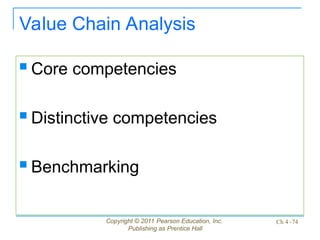 Copyright © 2011 Pearson Education, Inc.
Publishing as Prentice Hall
Ch 4 -74
Value Chain Analysis
 Core competencies
 Distinctive competencies
 Benchmarking
 