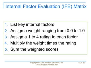 Copyright © 2011 Pearson Education, Inc.
Publishing as Prentice Hall
Ch 4 -76
Internal Factor Evaluation (IFE) Matrix
1. List key internal factors
2. Assign a weight ranging from 0.0 to 1.0
3. Assign a 1 to 4 rating to each factor
4. Multiply the weight times the rating
5. Sum the weighted scores
 