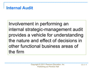 Copyright © 2011 Pearson Education, Inc.
Publishing as Prentice Hall
Ch 4 -9
Internal Audit
Involvement in performing an
internal strategic-management audit
provides a vehicle for understanding
the nature and effect of decisions in
other functional business areas of
the firm
 