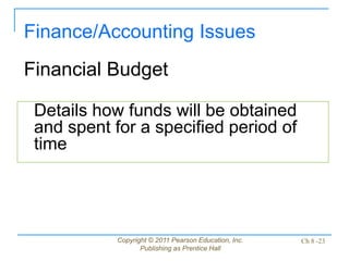 Copyright © 2011 Pearson Education, Inc.
Publishing as Prentice Hall
Ch 8 -23
Details how funds will be obtained
and spent for a specified period of
time
Finance/Accounting Issues
Financial Budget
 