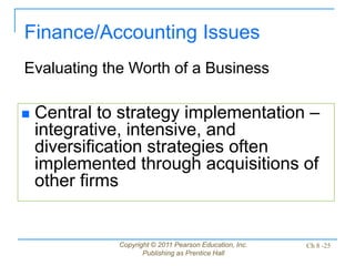 Copyright © 2011 Pearson Education, Inc.
Publishing as Prentice Hall
Ch 8 -25
 Central to strategy implementation –
integrative, intensive, and
diversification strategies often
implemented through acquisitions of
other firms
Finance/Accounting Issues
Evaluating the Worth of a Business
 