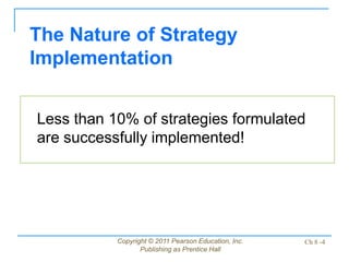 Copyright © 2011 Pearson Education, Inc.
Publishing as Prentice Hall
Ch 8 -4
Less than 10% of strategies formulated
are successfully implemented!
The Nature of Strategy
Implementation
 