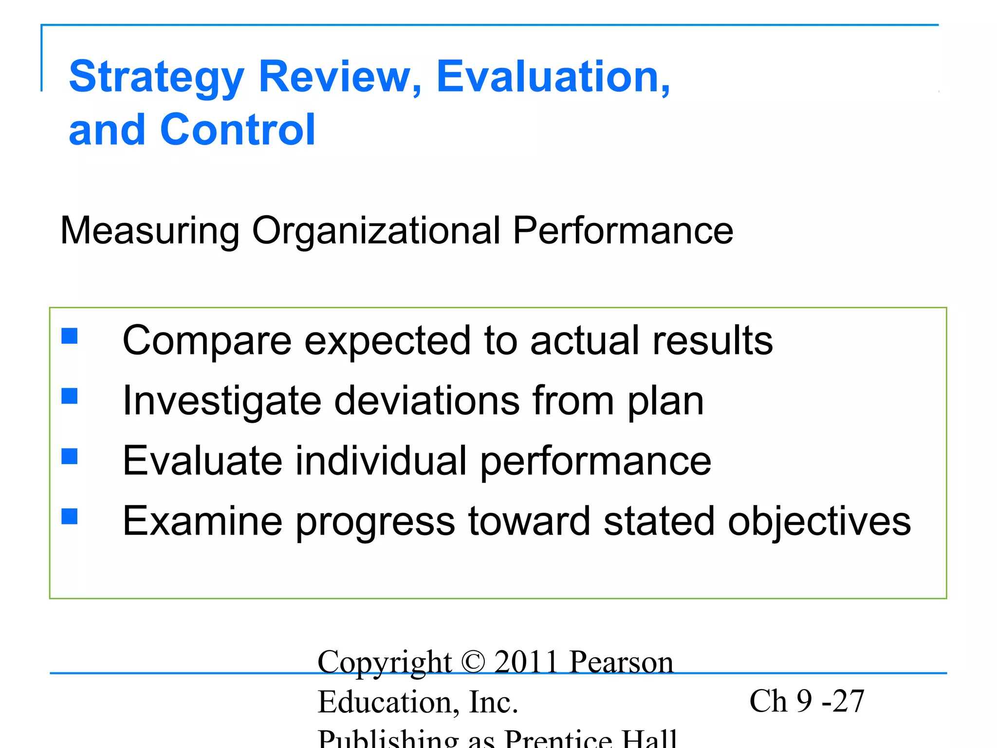 Copyright © 2011 Pearson
Education, Inc. Ch 9 -27
Strategy Review, Evaluation,
and Control
 Compare expected to actual results
 Investigate deviations from plan
 Evaluate individual performance
 Examine progress toward stated objectives
Measuring Organizational Performance
 