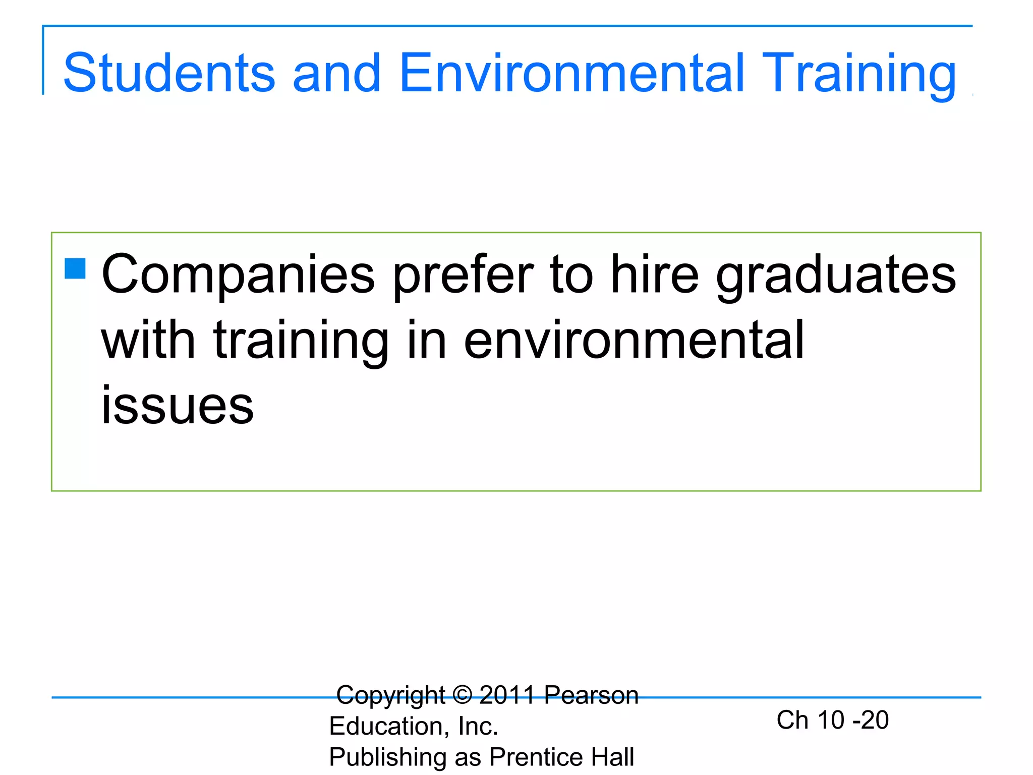 Copyright © 2011 Pearson
Education, Inc.
Publishing as Prentice Hall
Ch 10 -20
Students and Environmental Training
 Companies prefer to hire graduates
with training in environmental
issues
 