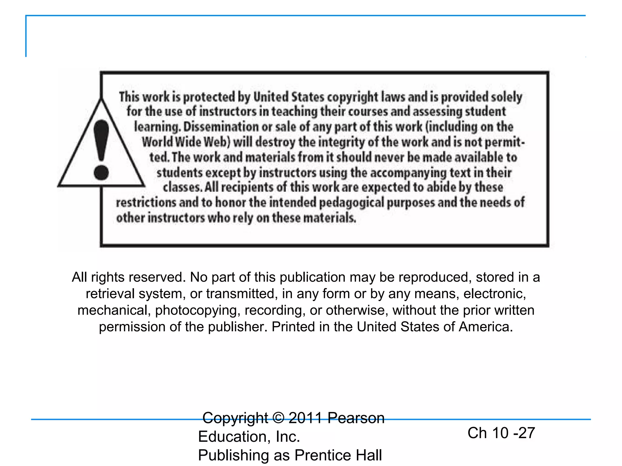 Copyright © 2011 Pearson
Education, Inc.
Publishing as Prentice Hall
Ch 10 -27
All rights reserved. No part of this publication may be reproduced, stored in a
retrieval system, or transmitted, in any form or by any means, electronic,
mechanical, photocopying, recording, or otherwise, without the prior written
permission of the publisher. Printed in the United States of America.
 