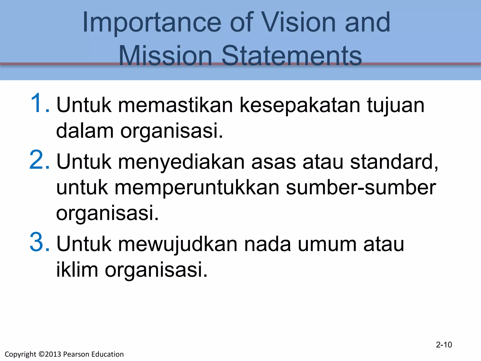 Copyright ©2013 Pearson Education
Importance of Vision and
Mission Statements
1. Untuk memastikan kesepakatan tujuan
dalam organisasi.
2. Untuk menyediakan asas atau standard,
untuk memperuntukkan sumber-sumber
organisasi.
3. Untuk mewujudkan nada umum atau
iklim organisasi.
2-10
 
