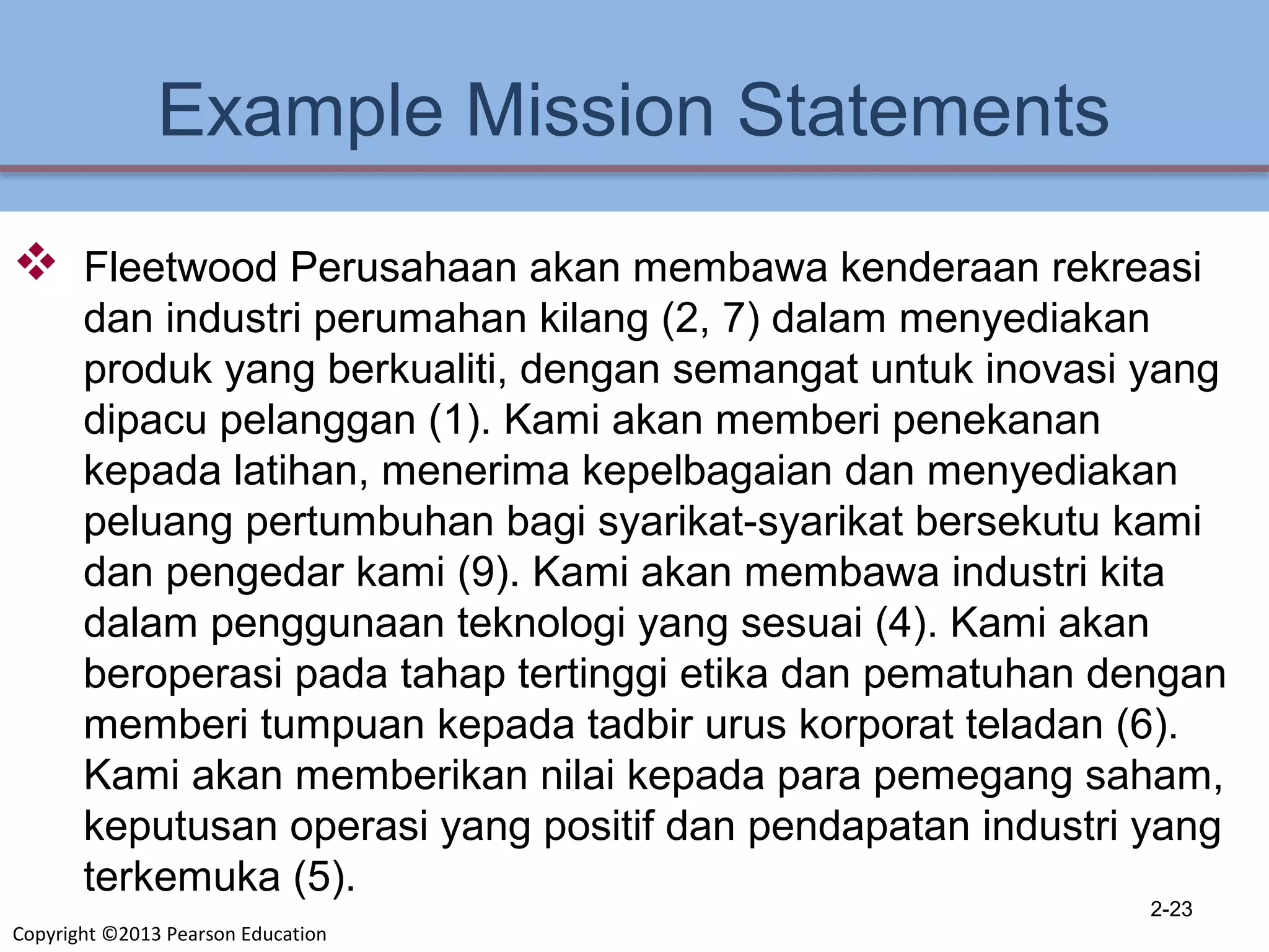Copyright ©2013 Pearson Education
Example Mission Statements
 Fleetwood Perusahaan akan membawa kenderaan rekreasi
dan industri perumahan kilang (2, 7) dalam menyediakan
produk yang berkualiti, dengan semangat untuk inovasi yang
dipacu pelanggan (1). Kami akan memberi penekanan
kepada latihan, menerima kepelbagaian dan menyediakan
peluang pertumbuhan bagi syarikat-syarikat bersekutu kami
dan pengedar kami (9). Kami akan membawa industri kita
dalam penggunaan teknologi yang sesuai (4). Kami akan
beroperasi pada tahap tertinggi etika dan pematuhan dengan
memberi tumpuan kepada tadbir urus korporat teladan (6).
Kami akan memberikan nilai kepada para pemegang saham,
keputusan operasi yang positif dan pendapatan industri yang
terkemuka (5).
2-23
 