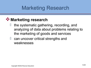 Marketing Research 
Marketing research 
 the systematic gathering, recording, and 
analyzing of data about problems relating to 
the marketing of goods and services 
 can uncover critical strengths and 
weaknesses 
Copyright ©2013 Pearson Education 4-23 
 
