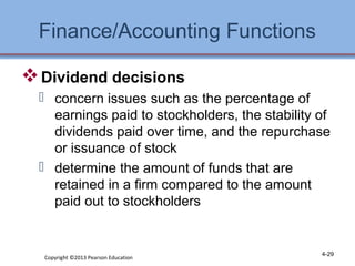Finance/Accounting Functions 
Dividend decisions 
 concern issues such as the percentage of 
earnings paid to stockholders, the stability of 
dividends paid over time, and the repurchase 
or issuance of stock 
 determine the amount of funds that are 
retained in a firm compared to the amount 
paid out to stockholders 
Copyright ©2013 Pearson Education 4-29 
 