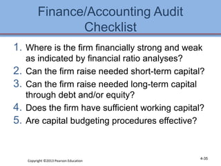 Finance/Accounting Audit 
Checklist 
1. Where is the firm financially strong and weak 
as indicated by financial ratio analyses? 
2. Can the firm raise needed short-term capital? 
3. Can the firm raise needed long-term capital 
through debt and/or equity? 
4. Does the firm have sufficient working capital? 
5. Are capital budgeting procedures effective? 
Copyright ©2013 Pearson Education 4-35 
 