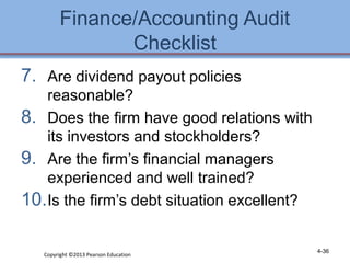 Finance/Accounting Audit 
Checklist 
7. Are dividend payout policies 
reasonable? 
8. Does the firm have good relations with 
its investors and stockholders? 
9. Are the firm’s financial managers 
experienced and well trained? 
10.Is the firm’s debt situation excellent? 
Copyright ©2013 Pearson Education 4-36 
 