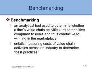 Benchmarking 
Benchmarking 
 an analytical tool used to determine whether 
a firm’s value chain activities are competitive 
compared to rivals and thus conducive to 
winning in the marketplace 
 entails measuring costs of value chain 
activities across an industry to determine 
“best practices” 
Copyright ©2013 Pearson Education 4-46 
 