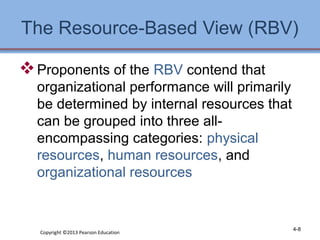 The Resource-Based View (RBV) 
Proponents of the RBV contend that 
organizational performance will primarily 
be determined by internal resources that 
can be grouped into three all-encompassing 
categories: physical 
resources, human resources, and 
organizational resources 
Copyright ©2013 Pearson Education 4-8 
 