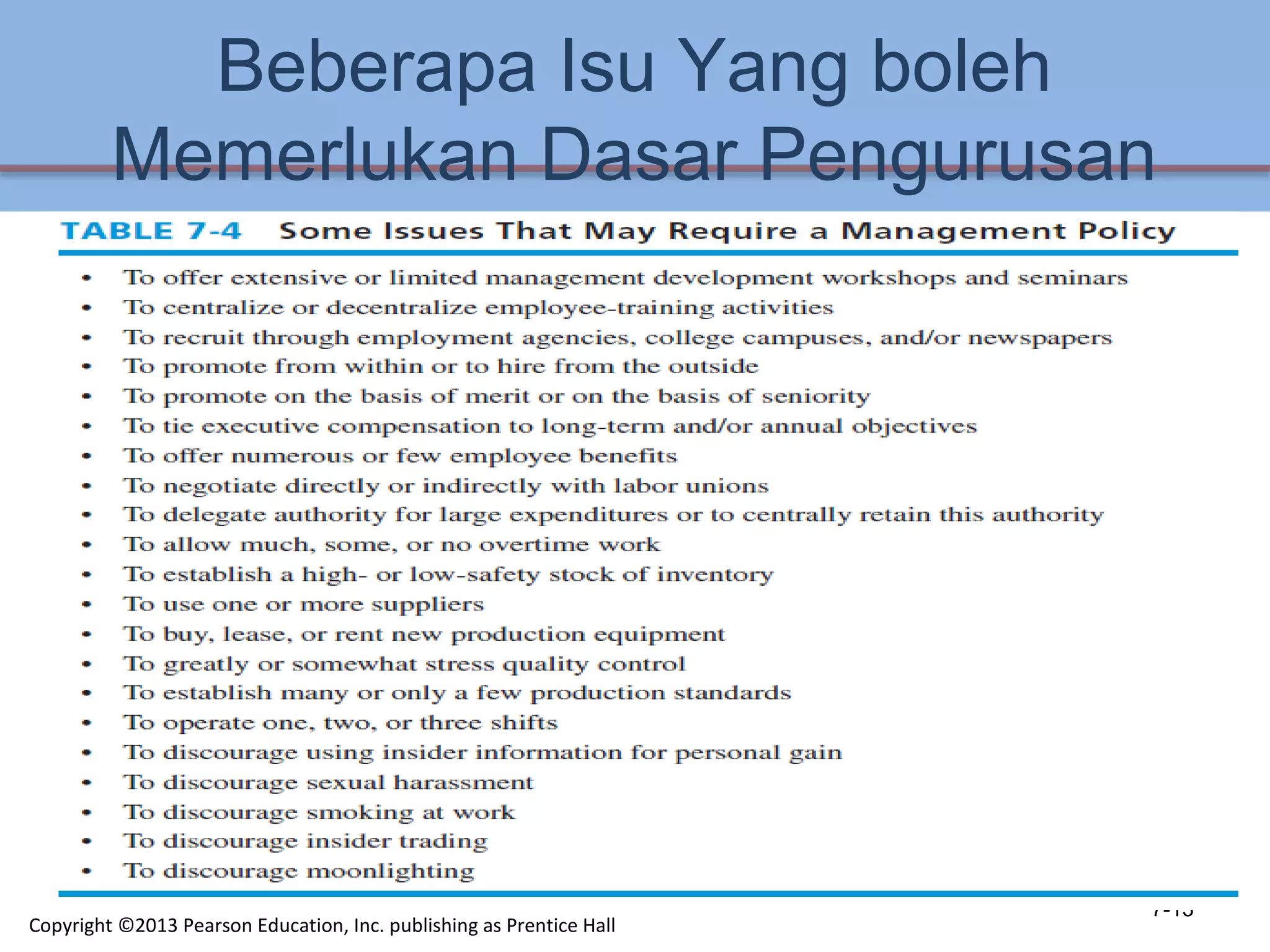 Beberapa Isu Yang boleh
Memerlukan Dasar Pengurusan
7-13
Copyright ©2013 Pearson Education, Inc. publishing as Prentice Hall
 