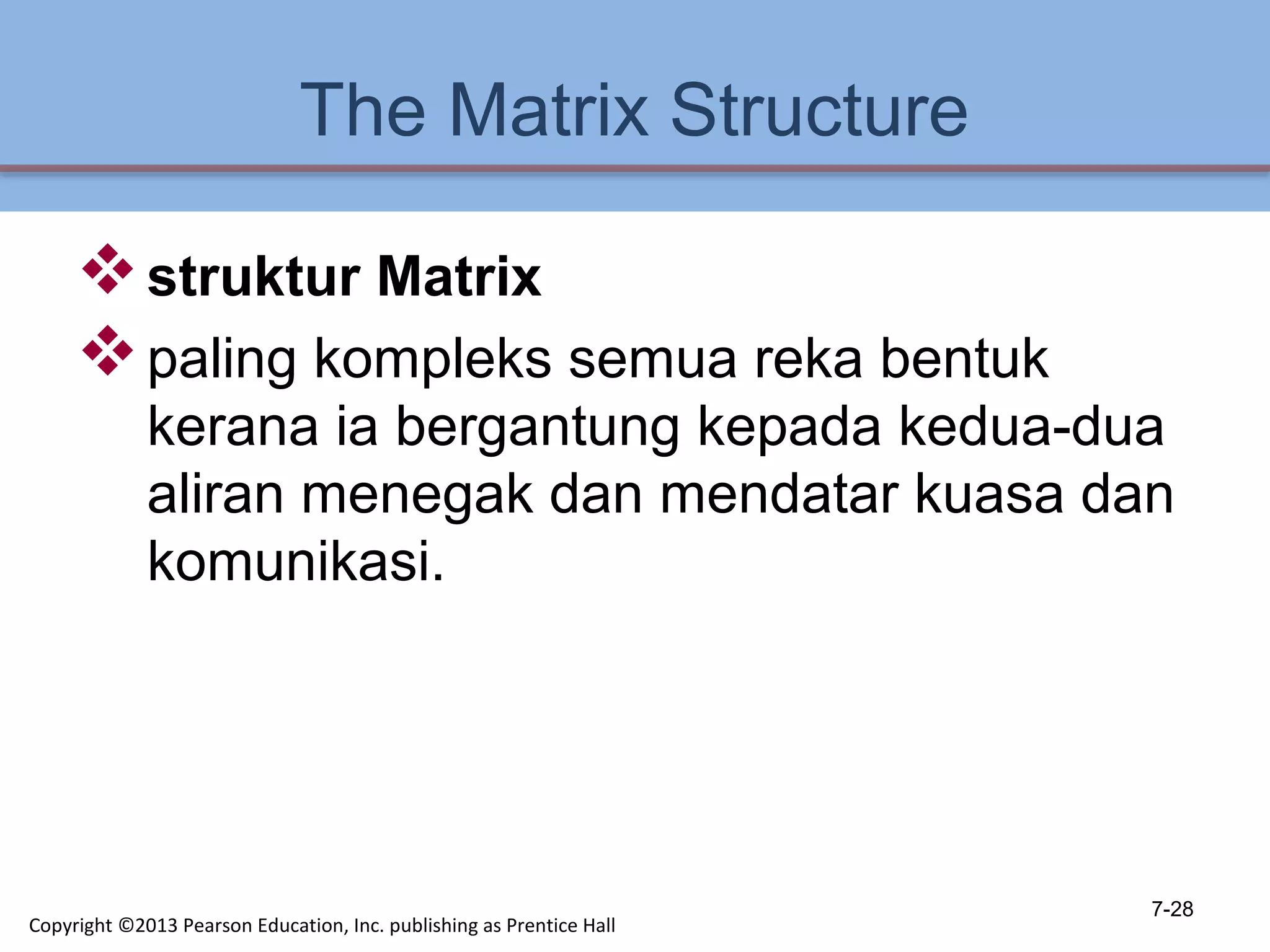 The Matrix Structure
struktur Matrix
paling kompleks semua reka bentuk
kerana ia bergantung kepada kedua-dua
aliran menegak dan mendatar kuasa dan
komunikasi.
7-28
Copyright ©2013 Pearson Education, Inc. publishing as Prentice Hall
 