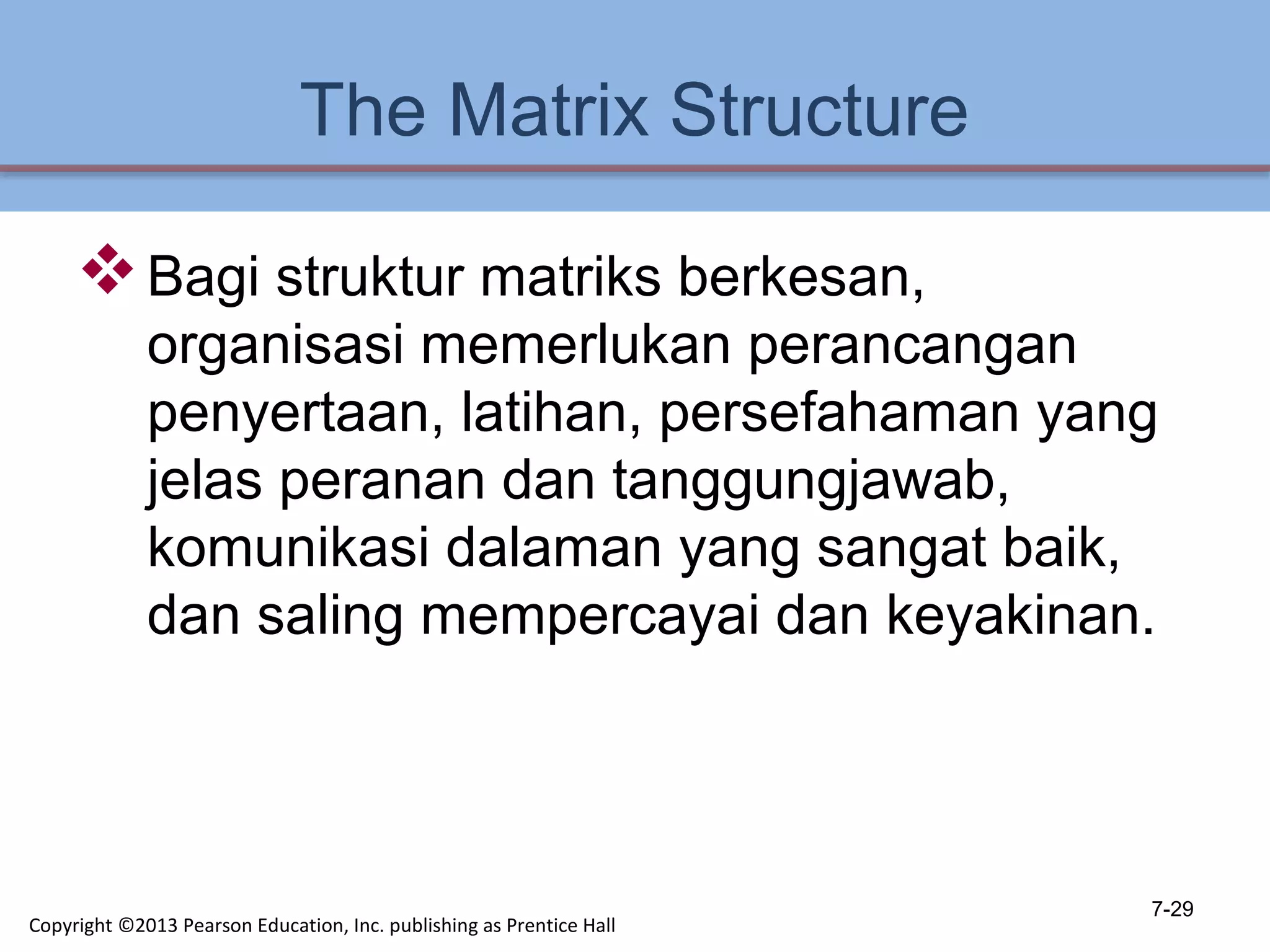 The Matrix Structure
Bagi struktur matriks berkesan,
organisasi memerlukan perancangan
penyertaan, latihan, persefahaman yang
jelas peranan dan tanggungjawab,
komunikasi dalaman yang sangat baik,
dan saling mempercayai dan keyakinan.
7-29
Copyright ©2013 Pearson Education, Inc. publishing as Prentice Hall
 