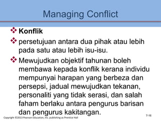 Managing Conflict
Konflik
persetujuan antara dua pihak atau lebih
pada satu atau lebih isu-isu.
Mewujudkan objektif tahunan boleh
membawa kepada konflik kerana individu
mempunyai harapan yang berbeza dan
persepsi, jadual mewujudkan tekanan,
personaliti yang tidak serasi, dan salah
faham berlaku antara pengurus barisan
dan pengurus kakitangan. 7-16
Copyright ©2013 Pearson Education, Inc. publishing as Prentice Hall
 