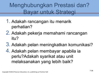 Menghubungkan Prestasi dan?
Bayar untuk Strategi
1. Adakah rancangan itu menarik
perhatian?
2. Adakah pekerja memahami rancangan
itu?
3. Adakah pelan meningkatkan komunikasi?
4. Adakah pelan membayar apabila ia
perlu?Adakah syarikat atau unit
melaksanakan yang lebih baik?
7-36
Copyright ©2013 Pearson Education, Inc. publishing as Prentice Hall
 