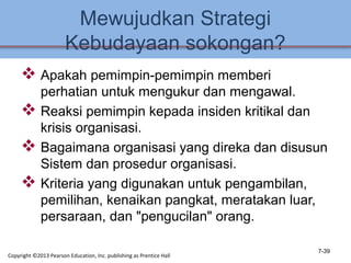 Mewujudkan Strategi
Kebudayaan sokongan?
 Apakah pemimpin-pemimpin memberi
perhatian untuk mengukur dan mengawal.
 Reaksi pemimpin kepada insiden kritikal dan
krisis organisasi.
 Bagaimana organisasi yang direka dan disusun
Sistem dan prosedur organisasi.
 Kriteria yang digunakan untuk pengambilan,
pemilihan, kenaikan pangkat, meratakan luar,
persaraan, dan "pengucilan" orang.
7-39
Copyright ©2013 Pearson Education, Inc. publishing as Prentice Hall
 