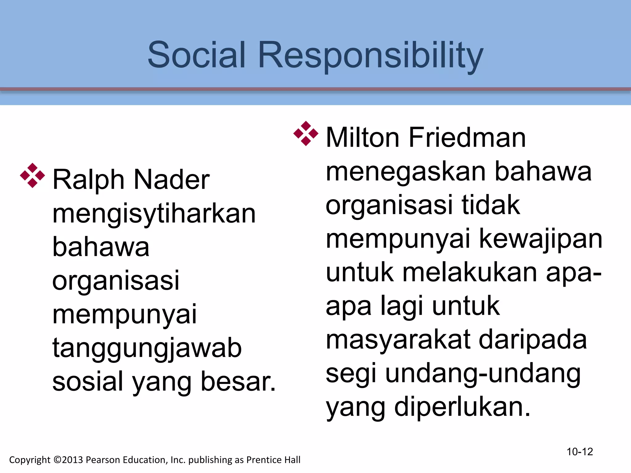 Social Responsibility
Ralph Nader
mengisytiharkan
bahawa
organisasi
mempunyai
tanggungjawab
sosial yang besar.
Milton Friedman
menegaskan bahawa
organisasi tidak
mempunyai kewajipan
untuk melakukan apa-
apa lagi untuk
masyarakat daripada
segi undang-undang
yang diperlukan.
10-12
Copyright ©2013 Pearson Education, Inc. publishing as Prentice Hall
 