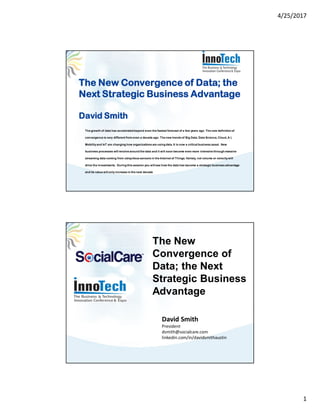 4/25/2017
1
The New Convergence of Data; the
Next Strategic Business Advantage
David Smith
The growth of data has accelera...