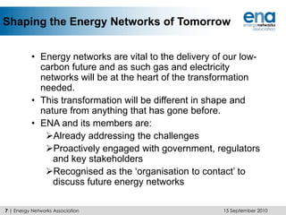 ENA: Who We Are (Distribution)15 September 2010	ElectricityENA Members: CE Electric UKCentral NetworksEDF EnergyElectricity North West FulcrumInexusNational GridNorthern Gas Networks Northern Ireland Electricity Scottish and Southern EnergyScottish Power Gas	Wales & West UtilitiesWestern Power Distribution4 | Energy Networks Association