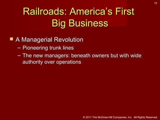 10

Railroads: America’s First
Big Business


A Managerial Revolution
– Pioneering trunk lines
– The new managers: beneath owners but with wide
authority over operations

© 2011 The McGraw-Hill Companies, Inc. All Rights Reserved.

 